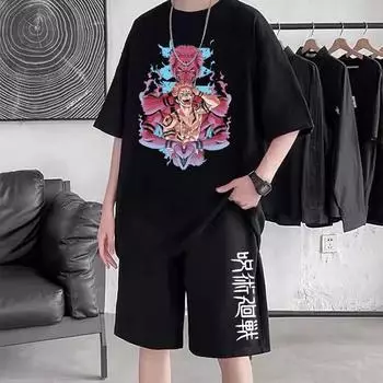 Костюм Кайсен, летний комплект с принтом, уличная одежда, топ с короткими рукавами, футболка, шорты на шнуровке, повседневные костюмы из двух предметов S