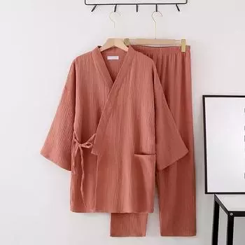 Костюм-кимоно для влюбленных, хлопковый креп, пижама с длинными рукавами, брюки, двухсекционный костюм-кимоно для мужчин и женщин, одежда для сна L розовый