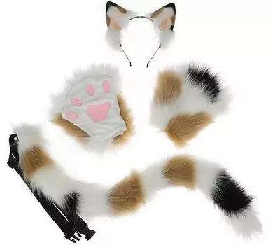 Костюм кошачьих ушек, пушистый, мохнатый, ситцевый, полосатый кот, комплект из 3 предметов, костюм, аксессуары, реквизит, кошачьи когти, кошачий хвост, костюм, повязка на голову,