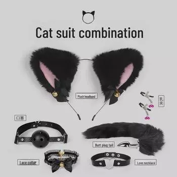 Костюм кошки-бондажа с анальной пробкой в виде хвоста, ошейником и кляпом-шариком