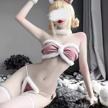 Костюм кролика для девочек, женское нижнее белье, аниме Kawaii Rabbit, сексуальный розовый плюшевый бюстгальтер с тремя точками, комплект стрингов, костюм кролика One Size