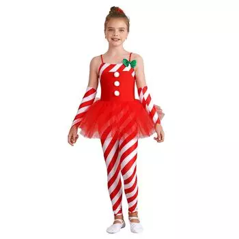 Костюм леденца для девочек, Рождественский костюм Санта-Клауса без рукавов в полоску с принтом, длинный комбинезон из тюля с баской и рукавами-рукавами 5-6 Years зелёный