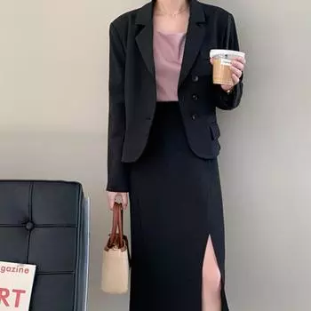 Костюм милый, крутой, маленький костюм с длинными рукавами, куртка, топ, юбка с разрезом, модный элегантный весенне-летний пиджак, костюм M чёрный