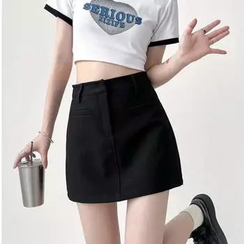 Костюм мини-юбки женские летние сексуальные тонкие уличные Y2k одежда с высокой талией офисные женские универсальные трапециевидные формы в корейском стиле XL чёрный
