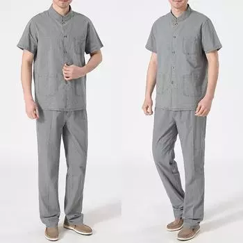 Костюм мужской летний китайский стиль Тан костюм тонкий короткий рукав свободная одежда Ханьфу 6XL синий