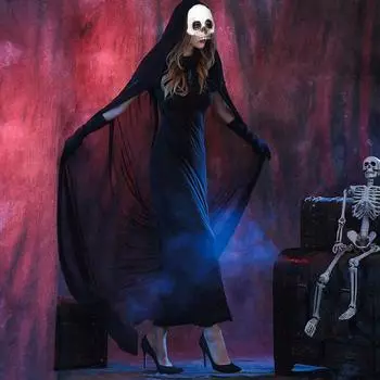 Костюм на Хэллоуин для взрослых, костюмы для косплея смерти, рыцарь, плащ с капюшоном, страшная ведьма, дьявол, ролевая игра, длинный черный плащ, косплей