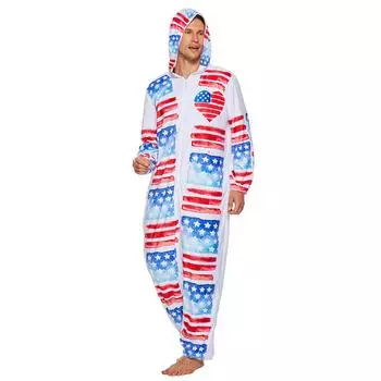 Костюм на Хэллоуин для взрослых с американским флагом, мужские плюшевые пижамы в патриотическом стиле США M белый