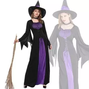 Костюм на Хэллоуин, стиль темной ведьмы, фиолетовое женское платье, комплект с воротником и шляпой, вечерние маскарад, ролевая игра, длинное платье страшной ведьмы S