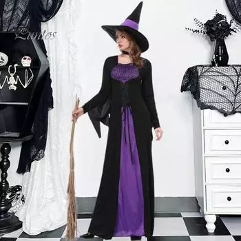 Костюм на Хэллоуин, стиль темной ведьмы, фиолетовое женское платье, комплект с воротником и шляпой, вечерние маскарад, ролевая игра, длинное платье страшной ведьмы S