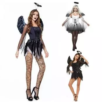 Костюм на Хэллоуин Темный ангел Падший ангел Косплей Комплект Женская одежда Готическая ведьма Необычное платье Головной убор Комплект с крыльями Злой призрак невесты Праздничный наряд M чёрный