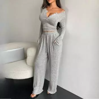 Костюм на весну и осень, однотонная облегающая блузка с длинными рукавами и одной пуговицей, и длинные брюки, женский комплект из двух частей XL чёрный