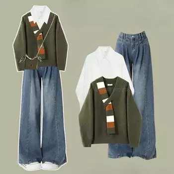 Костюм на весну и осень, женский вязаный свитер + белая рубашка + джинсы с высокой талией, костюм-тройка XL