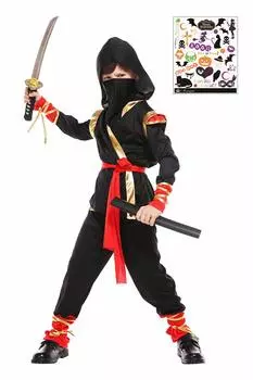 Костюм ниндзя Мадругада, аутентичный черный, детский костюм на Хэллоуин с наклейками-татуировками, набор из 2 мальчиков S729 (M)