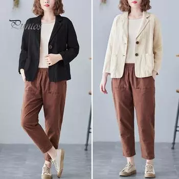 Костюм осень-весна, пальто с отложным воротником, свободный кардиган с длинными рукавами, однотонный, с двумя пуговицами, повседневная куртка M абрикосовый