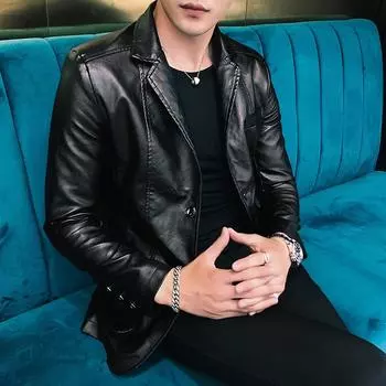 Костюм, пальто, мужские куртки, мужские деловые кожаные куртки, мужские пиджаки из искусственной кожи, корейский стиль, тонкие, трендовые кожаные куртки 6XL чёрный