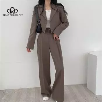 Костюм пальто женский весенне-осенний новый корейский черный повседневный маленький костюм женский костюм из 2 предметов S коричневый