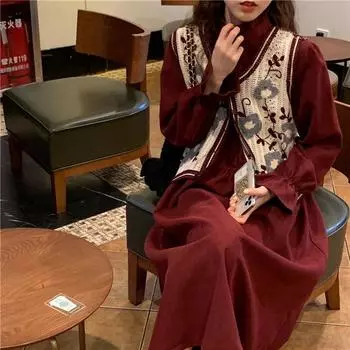 костюм платье комплект из двух частей новый французский трикотажный жилет рукав-стойка воротник легкий ветер длинная юбка зима S [Below 47.5kg]