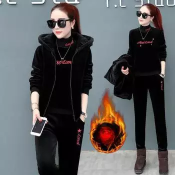 Костюм Плюс Бархат Утолщенный Золотой Бархат Зимний Теплый Двусторонний Бархатный Повседневный Жилет Свитер Спортивный Костюм-тройка 4XL чёрный