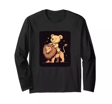 Костюм плюшевого мишки верхом на льве для мальчиков и девочек с длинными рукавами. Футболка чёрный