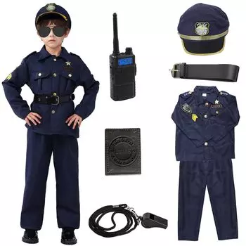 Костюм полицейского для косплея для детей на Хэллоуин, костюм полицейского, набор для Хэллоуина [HTPARY] Детский, Униформа, Костюм, Костюм, 7 предметов (S)