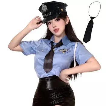 Костюм полицейского для косплея, включая синий мини-галстук [APOSITV] Женский, Рубашка, Юбка, Шляпа, Застежка на липучке