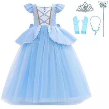 Костюм принцессы на Хэллоуин для девочек, сетчатое платье, ожерелье, перчатки, палочка, комплект из 5 предметов 100 небесно-голубой