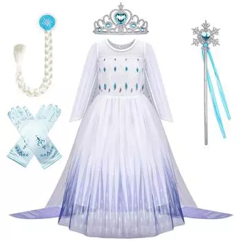 Костюм принцессы на Хэллоуин для девочек, сетчатый плащ, платье с косами, корона, перчатки, волшебная палочка, комплект из четырех предметов 100 белый