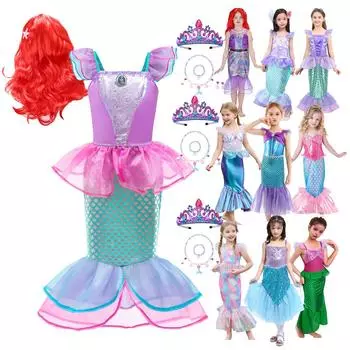 Костюм принцессы Русалочки для девочек, детское платье для косплея + парик + аксессуары, детская одежда на Хэллоуин, карнавал, день рождения 110