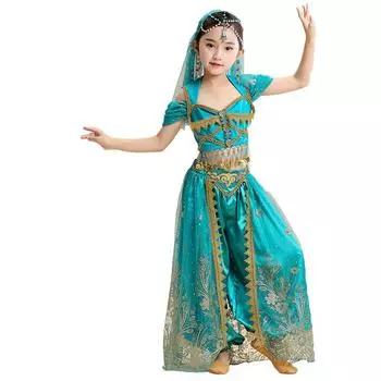 Костюм принцессы Жасмин для косплея, Алладин, маскарадный костюм, верхнее и нижнее украшение для волос, костюм принцессы для девочек, детский костюм для Хэллоуина, сцена трансформации синий