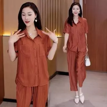 Костюм размера плюс 5XL для весны и лета, рубашка поло, свободная одежда для мам с короткими рукавами, модные шаровары, костюм из двух частей XXXXXL жёлтый