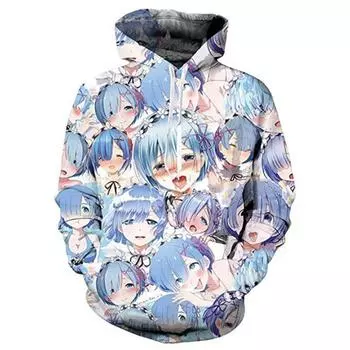 Костюм Rem Anime Cartoon Ahegao Cosplay Hoodie 3D Printed Pullover Sweatshirt Sports Suit S