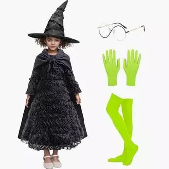 Костюм розовой принцессы-ведьмы для девочек, платье для косплея с шапкой, перчатками, очками, чулками, легкий костюм для вечеринок на Хэллоуин 110cm розовый