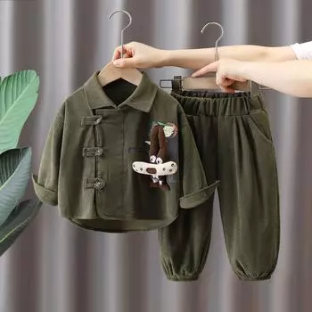 Костюм-рубашка с рисунком кролика для мальчиков на весну и осень из вельвета, двухсекционная корейская модная детская одежда 120 зелёный