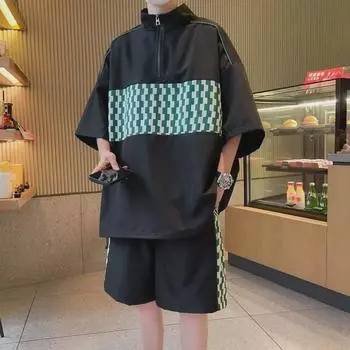 Костюм-рубашка унисекс из зеленой клетчатой ткани с контрастной строчкой и короткими рукавами - летний свободный комплект из двух предметов M абрикосовый