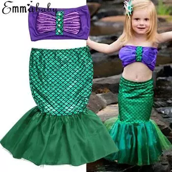 Костюм русалки для девочек, детское платье с хвостом, нарядный маленький купальник, детский купальник Ариэль 2-3 Years зелёный