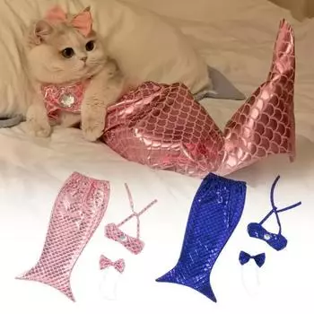 Костюм русалки для кошек, одежда для домашних животных, наряд с бантом, товары для вечеринок для косплея кошек, реквизит для переодевания маленьких собак и кошек розовый