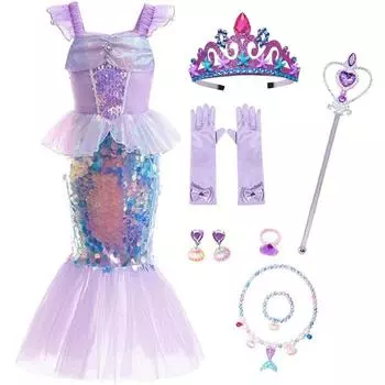 Костюм русалки для маленьких девочек, праздничное платье с блестками для маленьких девочек, платье на Хэллоуин с аксессуарами 100(3T) фиолетовый