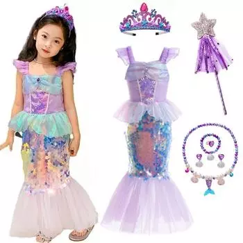 Костюм Русалочки Ариэль для девочек, платье, костюм принцессы, детские платья с рыбьим хвостом, карнавальная школьная одежда на день рождения, вечерние ролевые игры 100(2T) фиолетовый