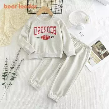 Костюм с длинными рукавами для девочек Bear Leader 3-7 лет, серый с капюшоном и принтом букв + штаны, комплект из двух предметов TZ218 3T