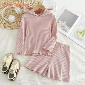 Костюм с длинными рукавами для девочек Bear Leader 3-7 лет, розовый свитшот с капюшоном, хлопковый топ + шорты, комплект из двух предметов TZ247 3T