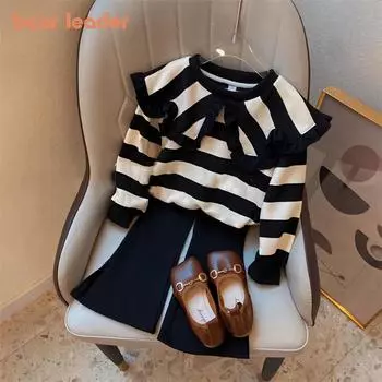 Костюм с длинными рукавами для девочек Bear Leader 3-7 лет, топ с полосатым принтом и лацканами + расклешенные брюки, комплект из 2 предметов AZ4014 3T