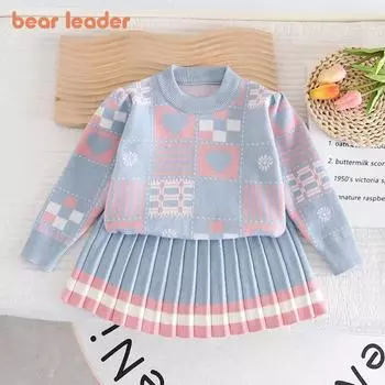 Костюм с длинными рукавами для девочек Bear Leader 3-7 лет, вязаный свитер в клетку с принтом «Любовь» + плиссированная юбка, комплект из двух предметов AM2595 3T