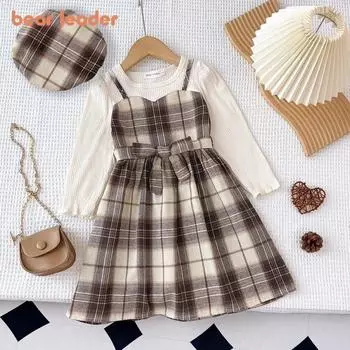 Костюм с длинными рукавами для девочек Bear Leader 3-7 лет, рубашка цвета хаки, имитация двух предметов с поясом и шапкой с принтом QZ601 3T