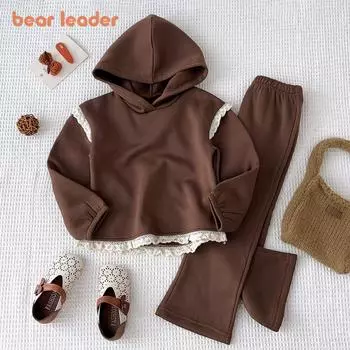Костюм с длинными рукавами для девочек Bear Leader 3-7 лет, толстовки с капюшоном в стиле пэчворк с кружевом и кофейным принтом, свитер + штаны, комплект из двух предметов TZ265 3T