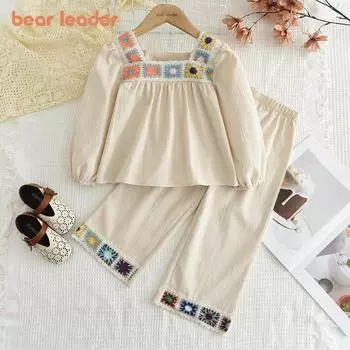 Костюм с длинными рукавами для девочек Bear Leader 3-7 лет, футболка с цветочной вышивкой и кружевом, топ + штаны, комплект из двух предметов TZ249 3T