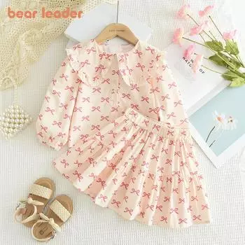 Костюм с длинными рукавами для девочек Bear Leader 2-6 лет, хлопковая футболка с бантом на лацкане + юбка, комплект из двух предметов TQ058 2T