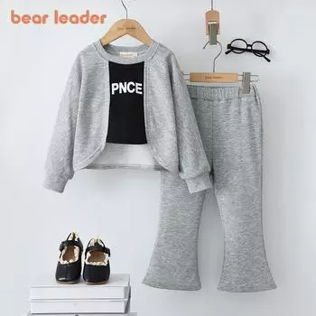 Костюм с длинными рукавами для девочек Bear Leader 3-7 лет, серый топ с буквенным принтом + брюки, комплект из двух предметов TZ209 3T