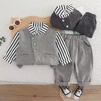 Костюм с длинными рукавами для мальчика 0-5 лет, новый жилет, куртка + рубашка с длинными рукавами + повседневные брюки, комплект из трех предметов S темно серый