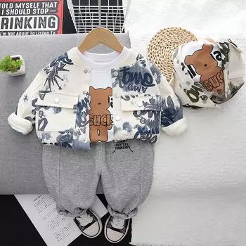 Костюм с длинными рукавами для мальчиков в корейском стиле — модный комплект из 3 предметов для детей от 1 до 5 лет, идеально подходит для весны и осени 120 cm