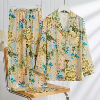 Костюм с длинными рукавами, пижама из двух частей, новая пижама, женская атласная домашняя одежда, роскошная пижама с цветочным принтом, свободная домашняя одежда M